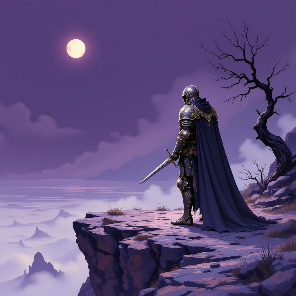 Knight on Rocky Outcrop Overlooking Desolate Landscape