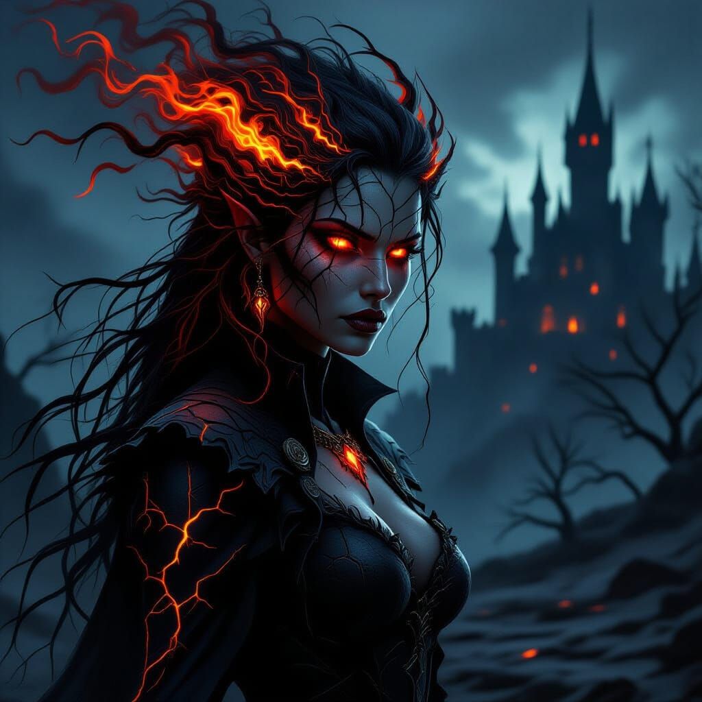 Fearsome Earth Woman with Fire Hair in Dark Fantasy Style