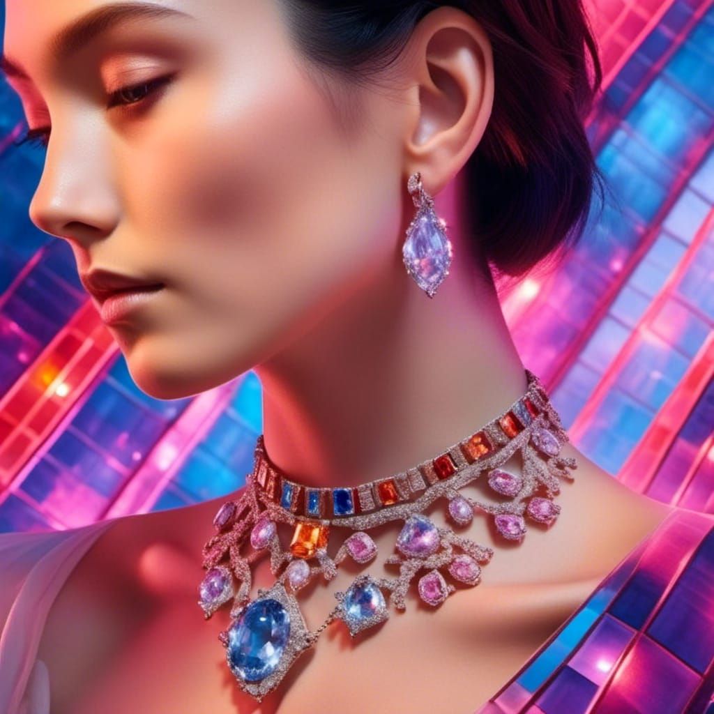 Woman's Portrait with Gemstone Diamond Necklace