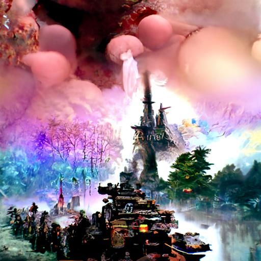 Ethereal Fantasy War Scene in Hyperdetailed Mist