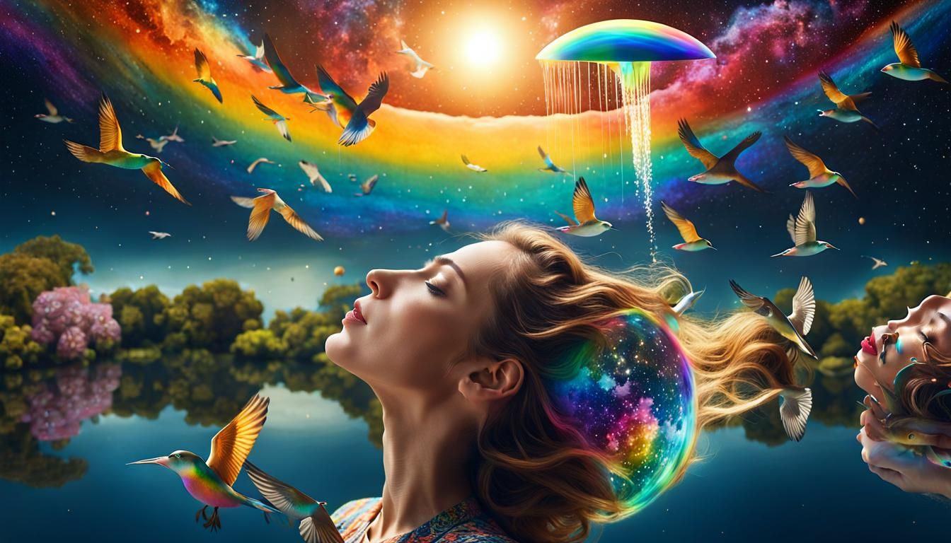 Surreal Woman Holding Rainbow Cosmos in Space