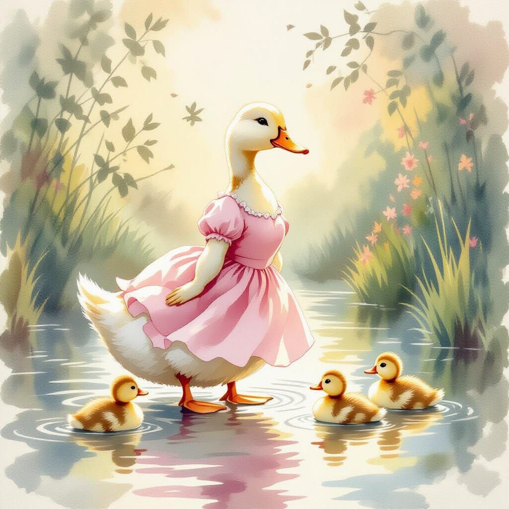 Mother Duck in Pink Dress Leads Ducklings in Storybook Water...