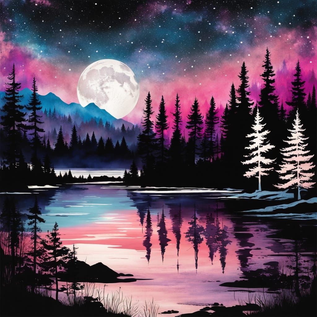 Vintage Ink Painting of a Starry Midnight Forest River