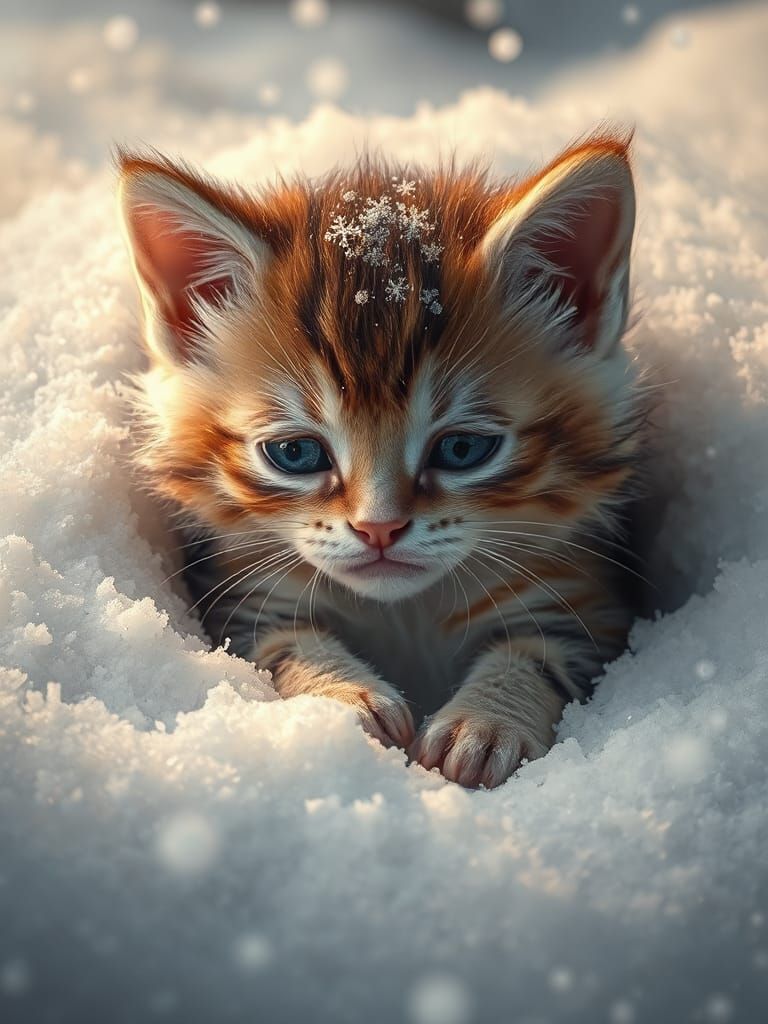 Kitten Trapped in Snow, Hyperrealistic Oil Painting
