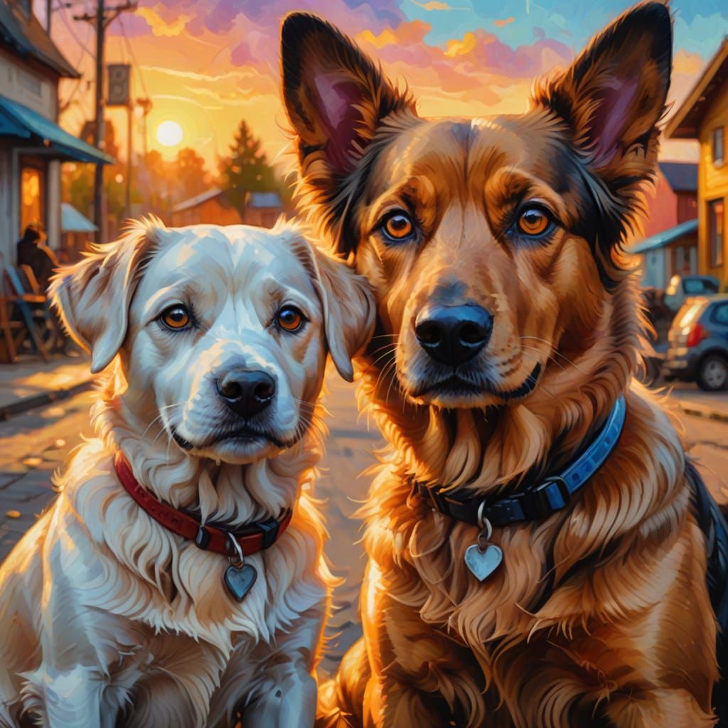 Vibrant Oil Painting of Dog and Owner's Loving Companionship