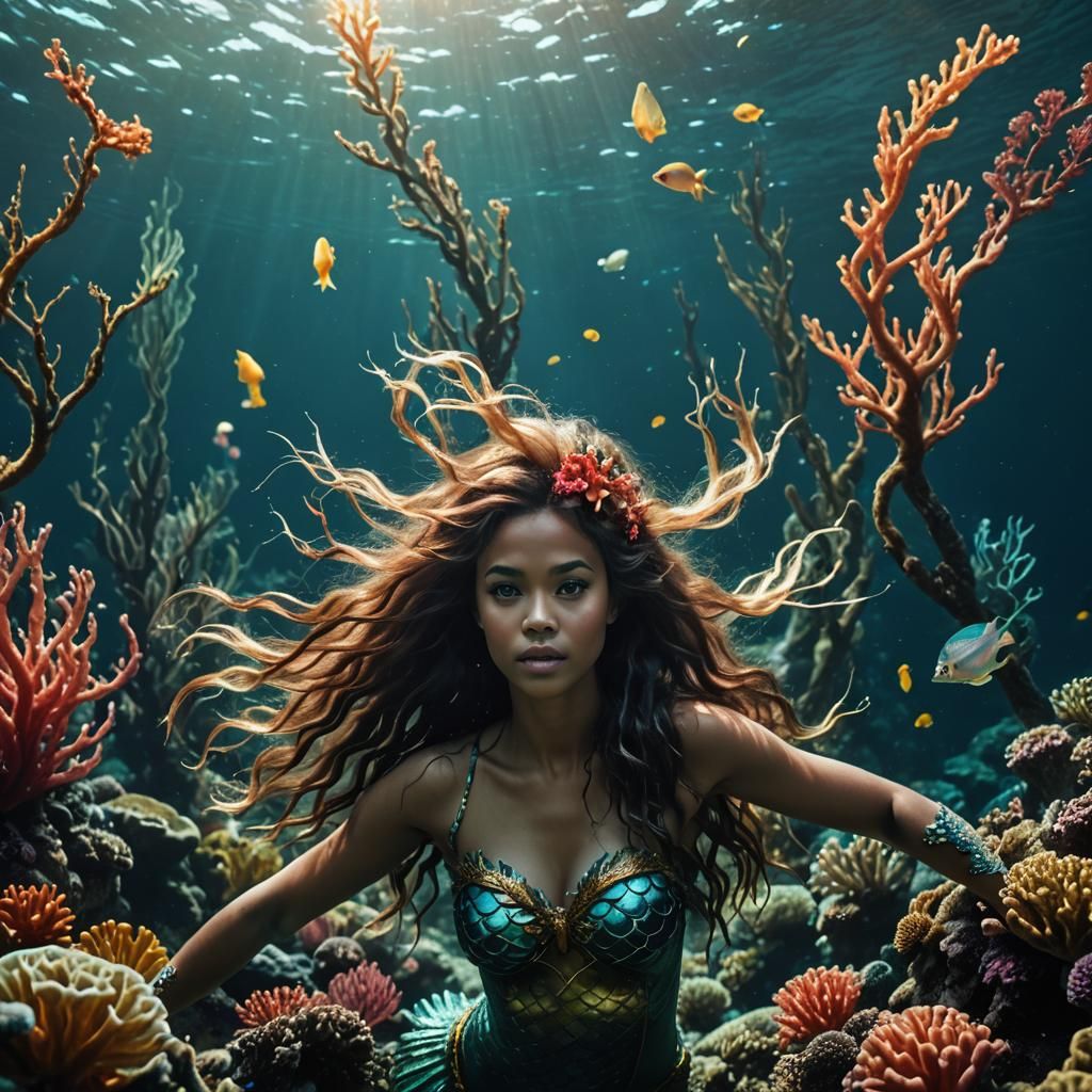 Bioluminescent Mermaid with Coral Hair: Cinematic Still