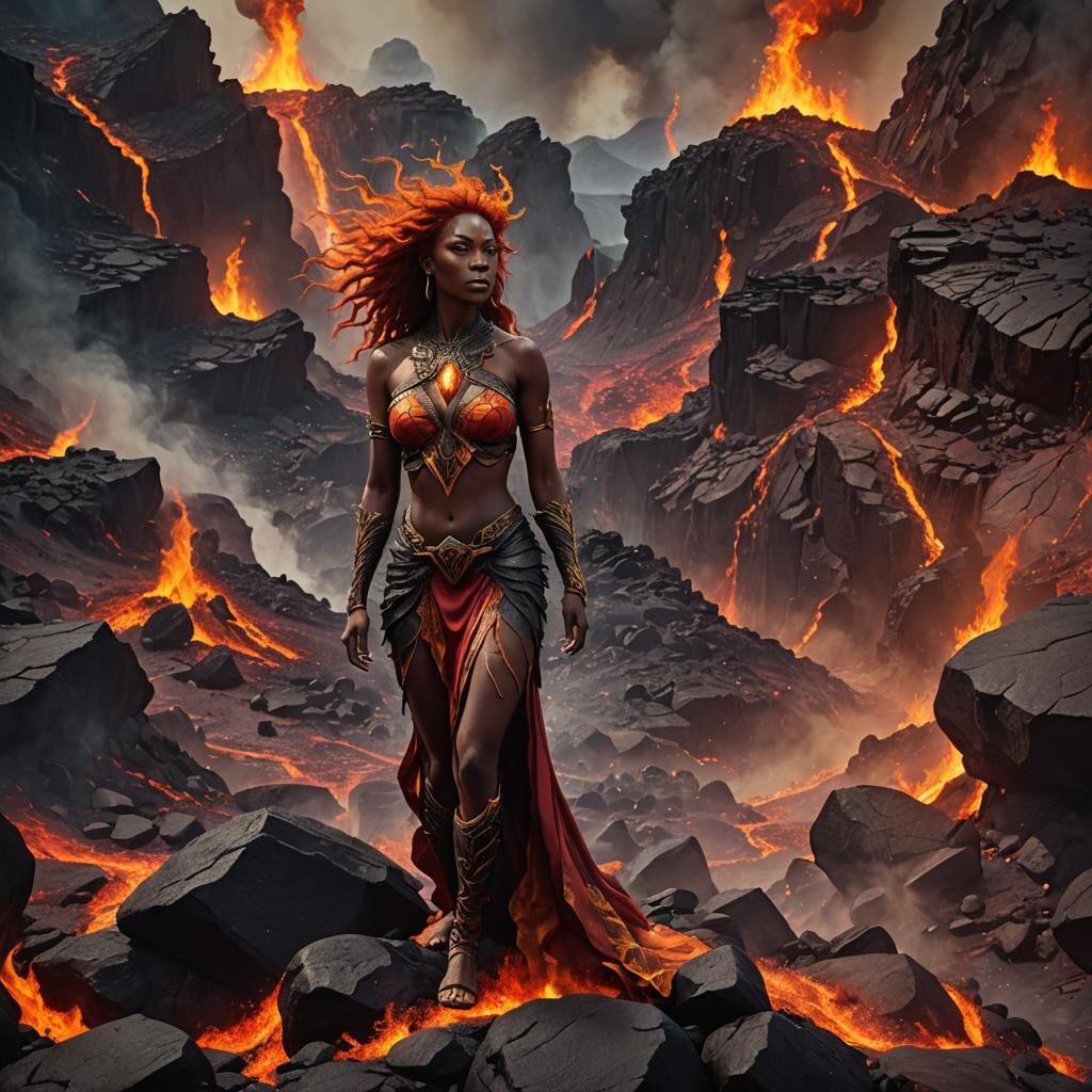 Pele, Goddess of Fire on Volcanic Landscape