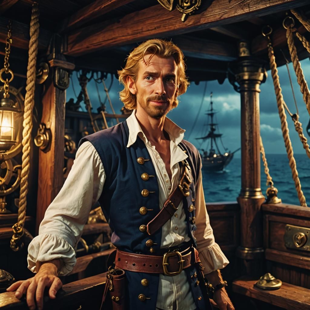 Guybrush Threepwood from Monkey Island, on a pirate ship, real life character