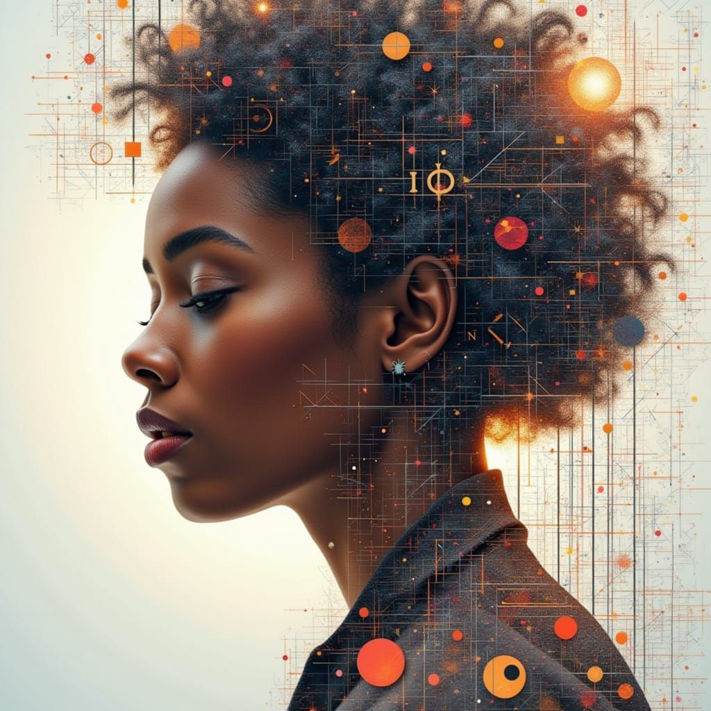 African Woman in Contemplation with Fractal Network