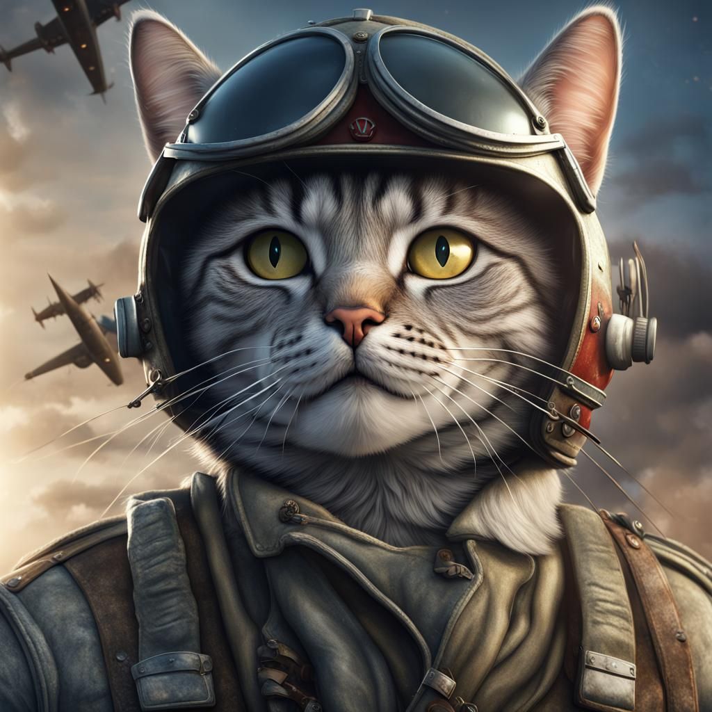 Tabby Cat WW2 Fighter Pilot: Detailed Digital Art