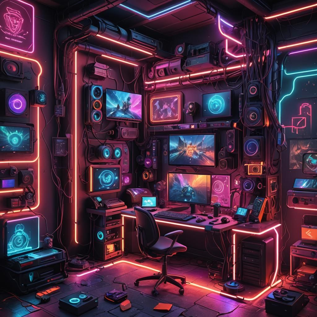 RGB Neon Gaming Setup in Detailed Matte Painting