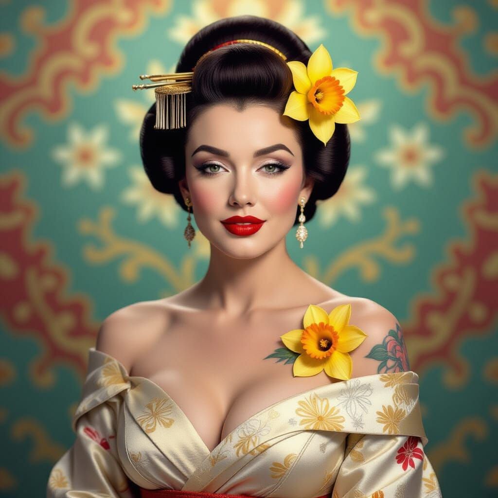 Marilyn Monroe as Geisha in Evening Gown with Daffodil Tatto...