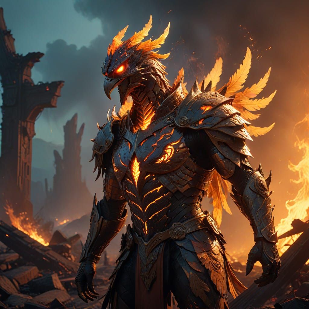 Magnificent Phoenix-Dragon Knight in Smoldering Ruins