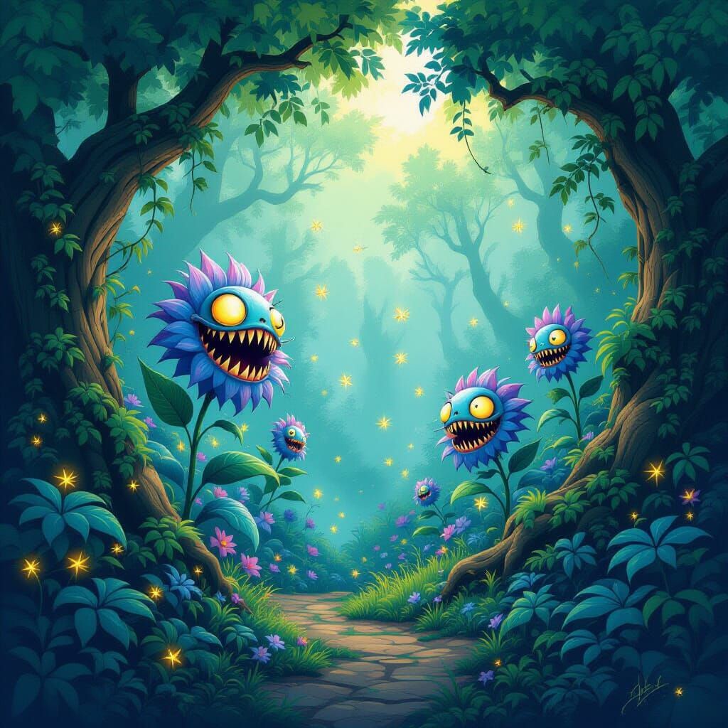 Surreal Garden with Flowers, Dreamlike Scene