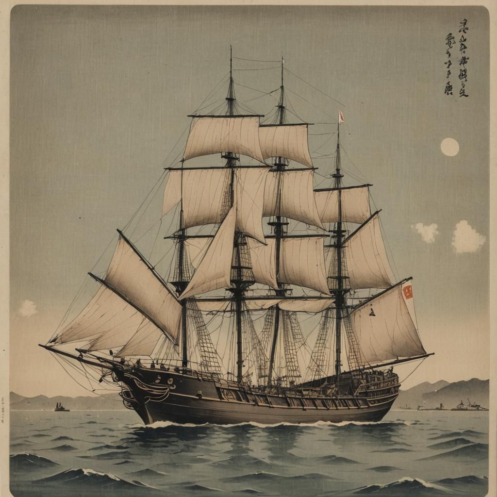 Sailing Ship in Nishiki-e Style