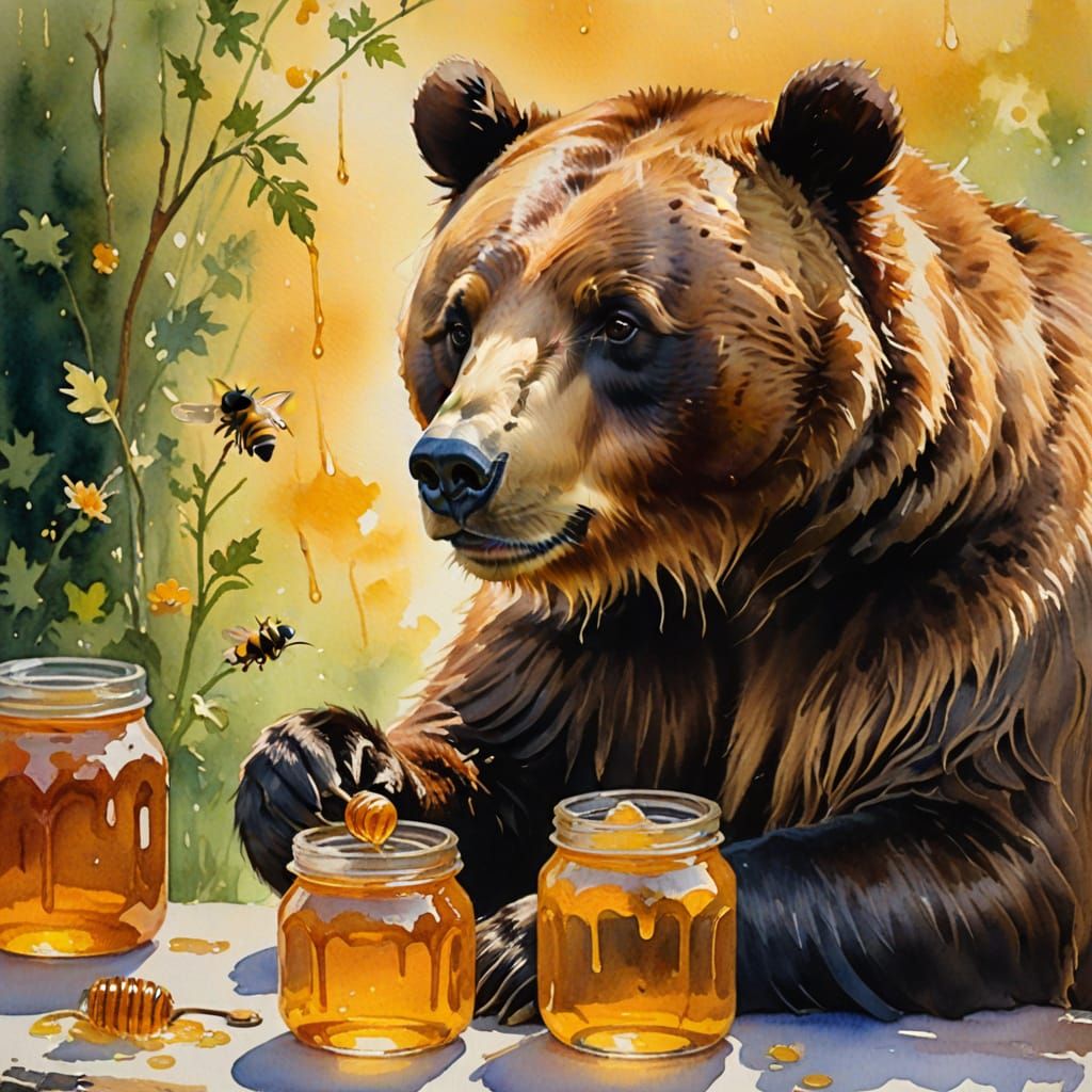 Bear Eating Honey in Watercolor Painting