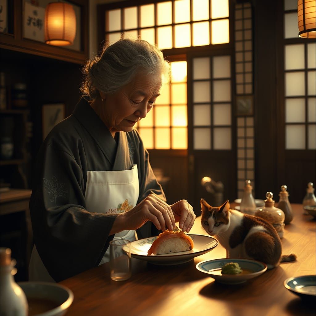 Serene Elderly Japanese Woman Crafting Sushi in Traditional ...
