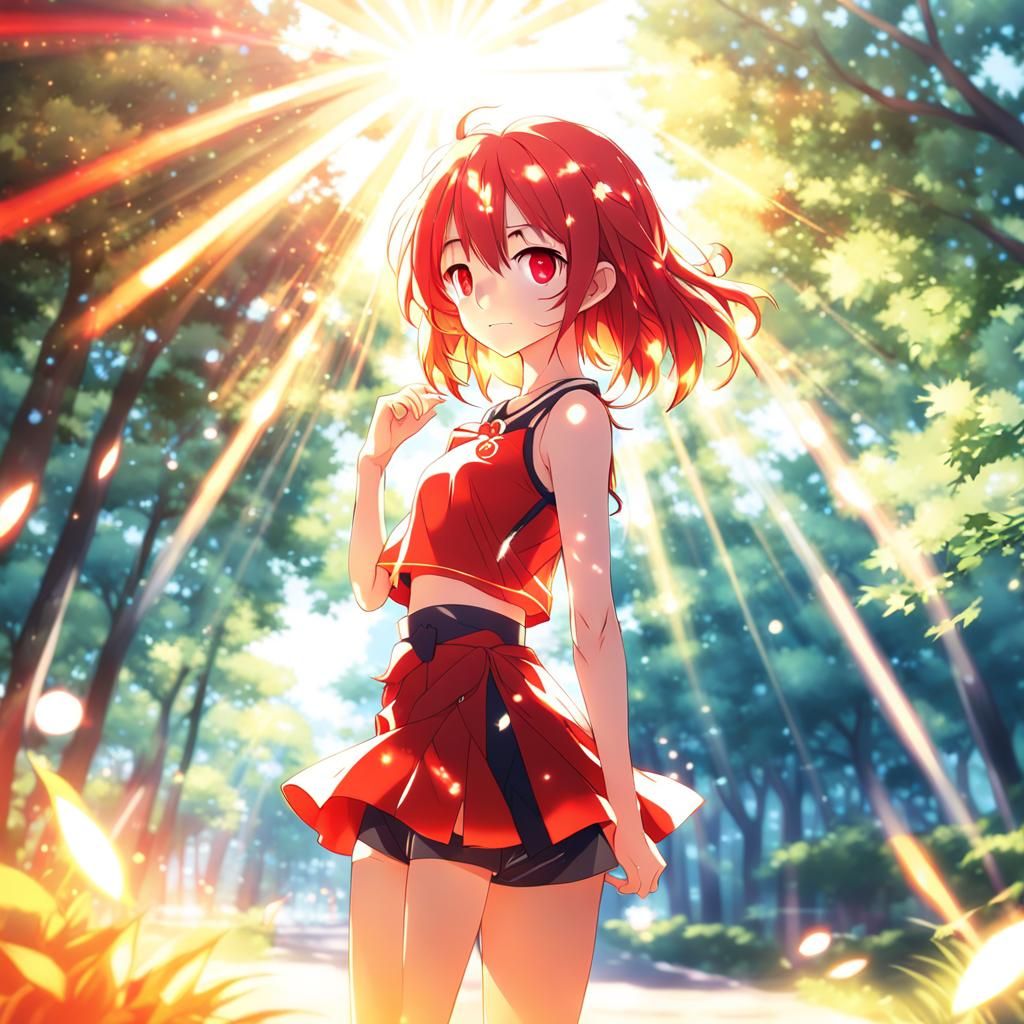 Anime Girl in Red Dress with Bokeh Effect