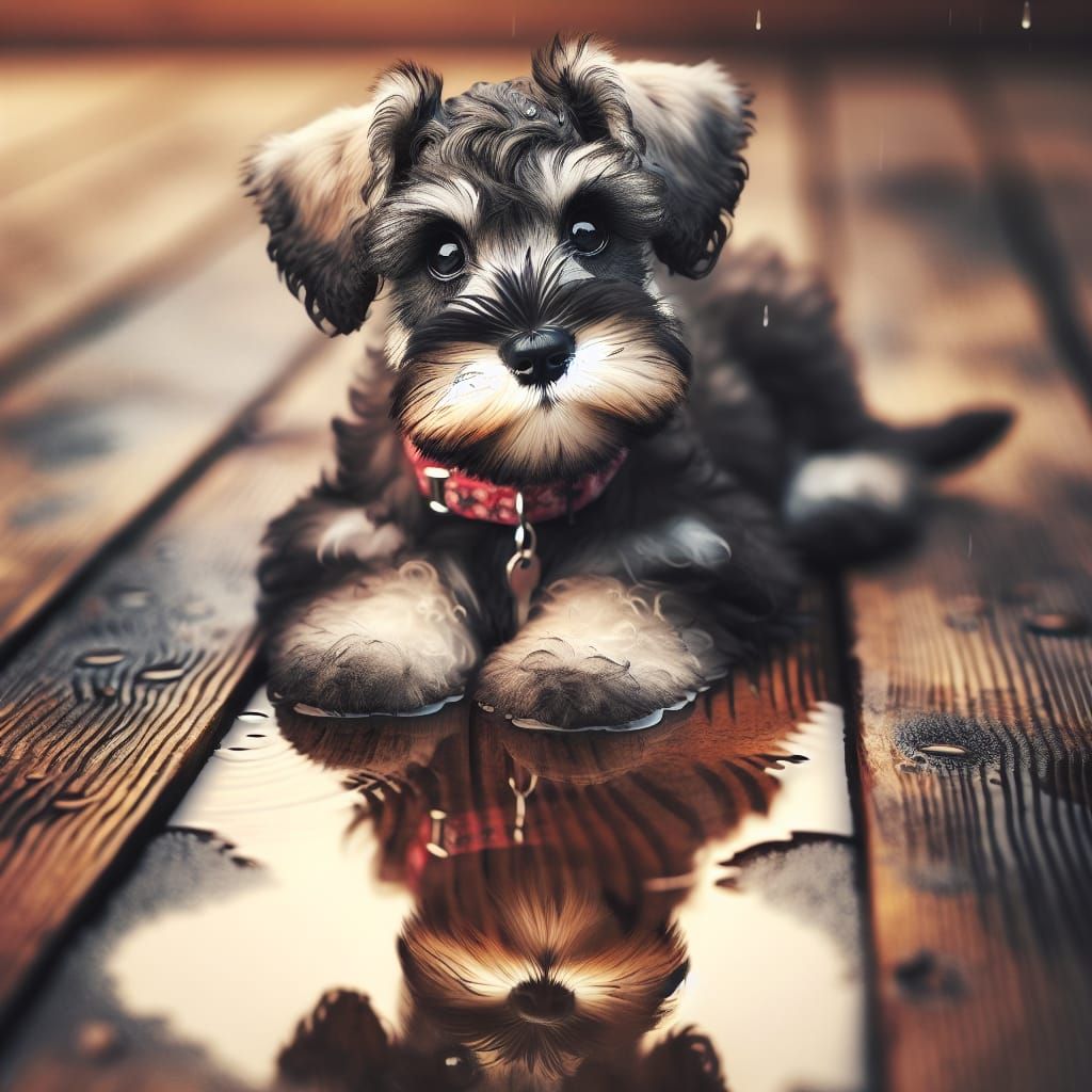 Expressive Schnauzer Puppy in Rain Reflective Scene