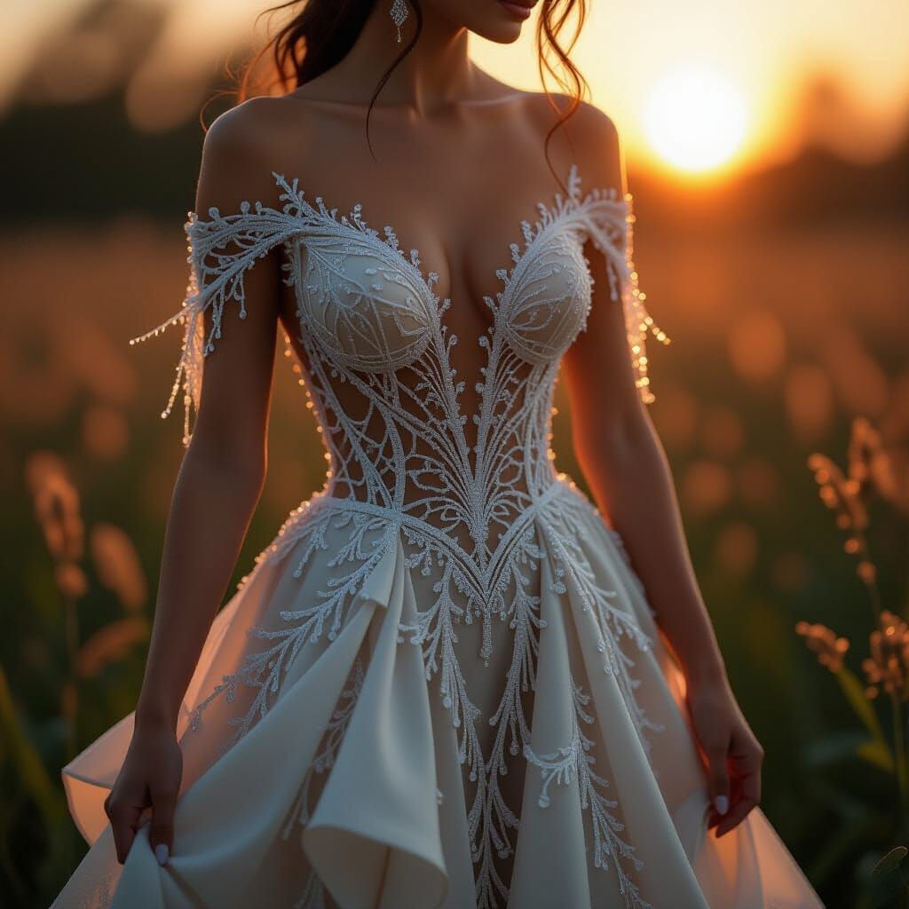 Woman in Glimmering Spiderweb Dress at Sunset