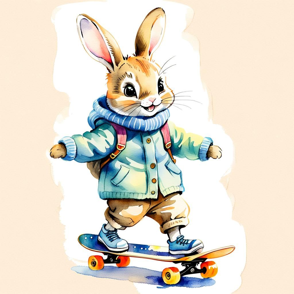 Whimsical Watercolor Toy Rabbit Skateboarding in Warm Clothe...