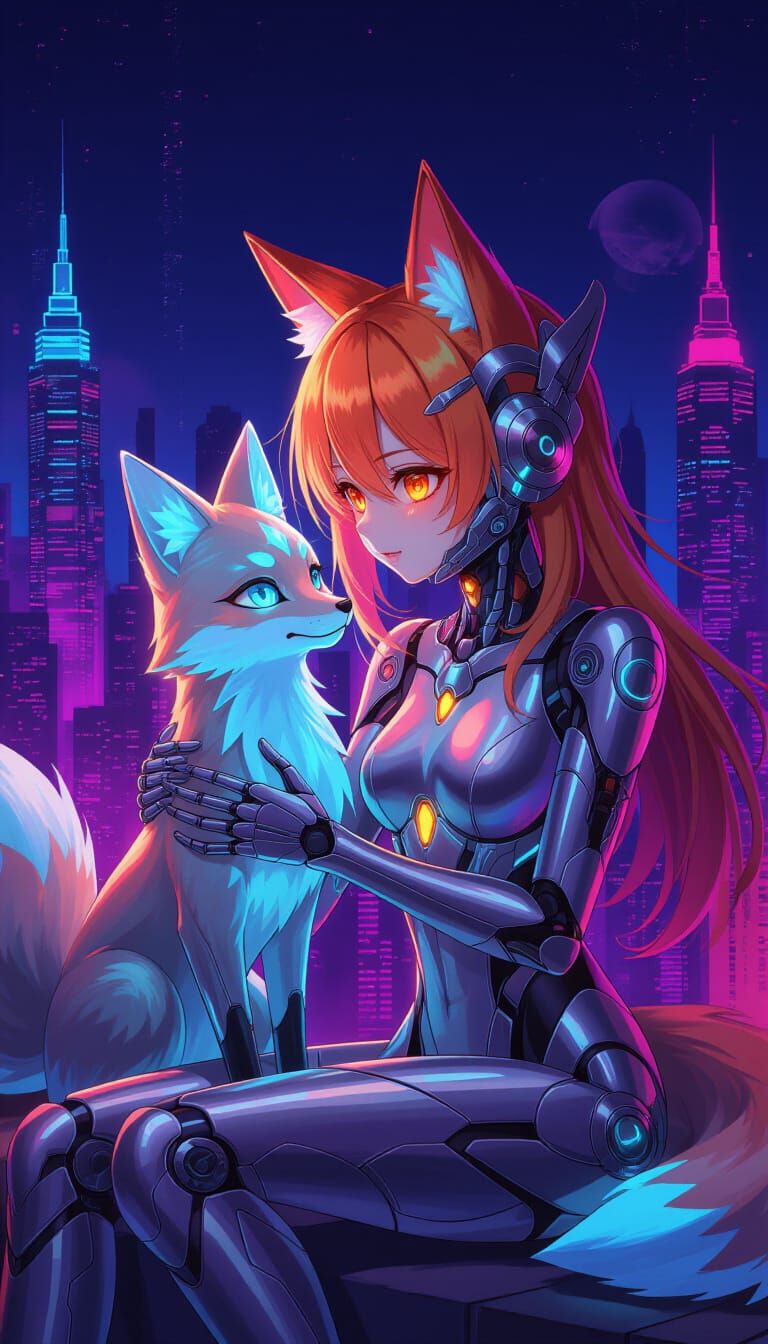 Cyborg Fox Girl and Holographic Pet in Neon Cityscape