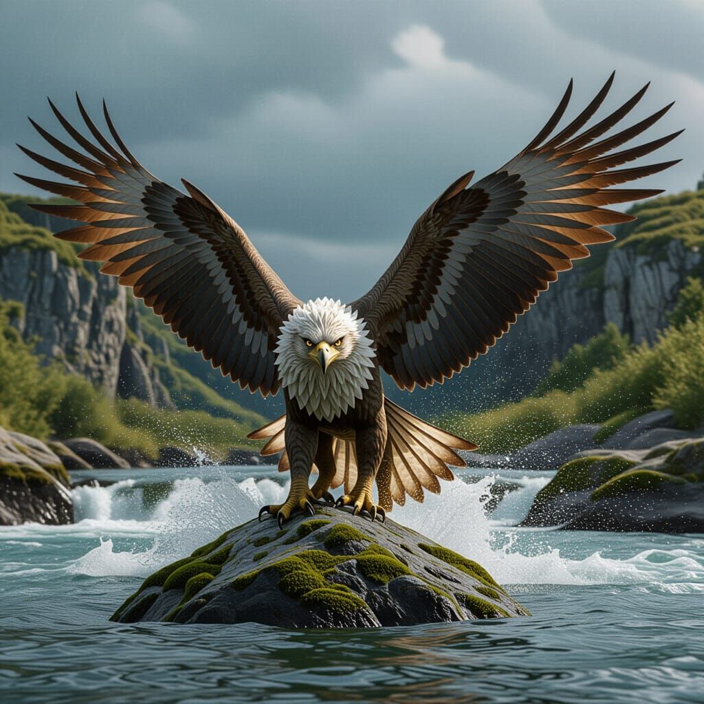Majestic Gryphon Landing in Stormy River Landscape
