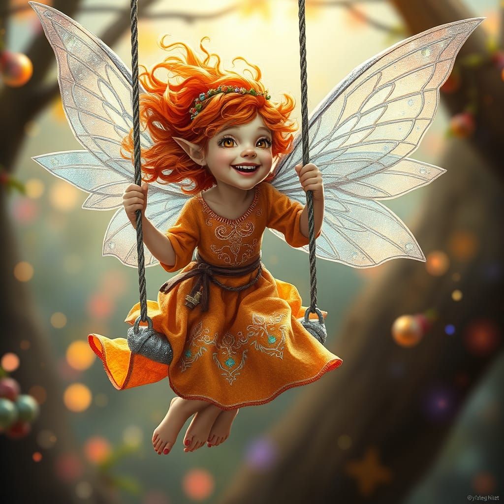 Elf Maiden on Silver Swing: Whimsical Fairy Art