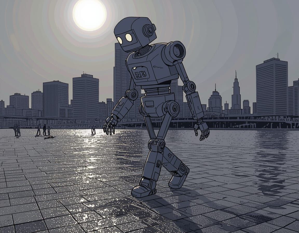1920s Robot in Modern City, Moebius Style
