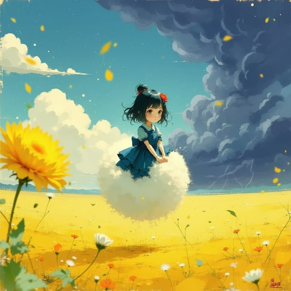 Girl Rides Dandelion Seed Under Stormy Skies in Anime Style