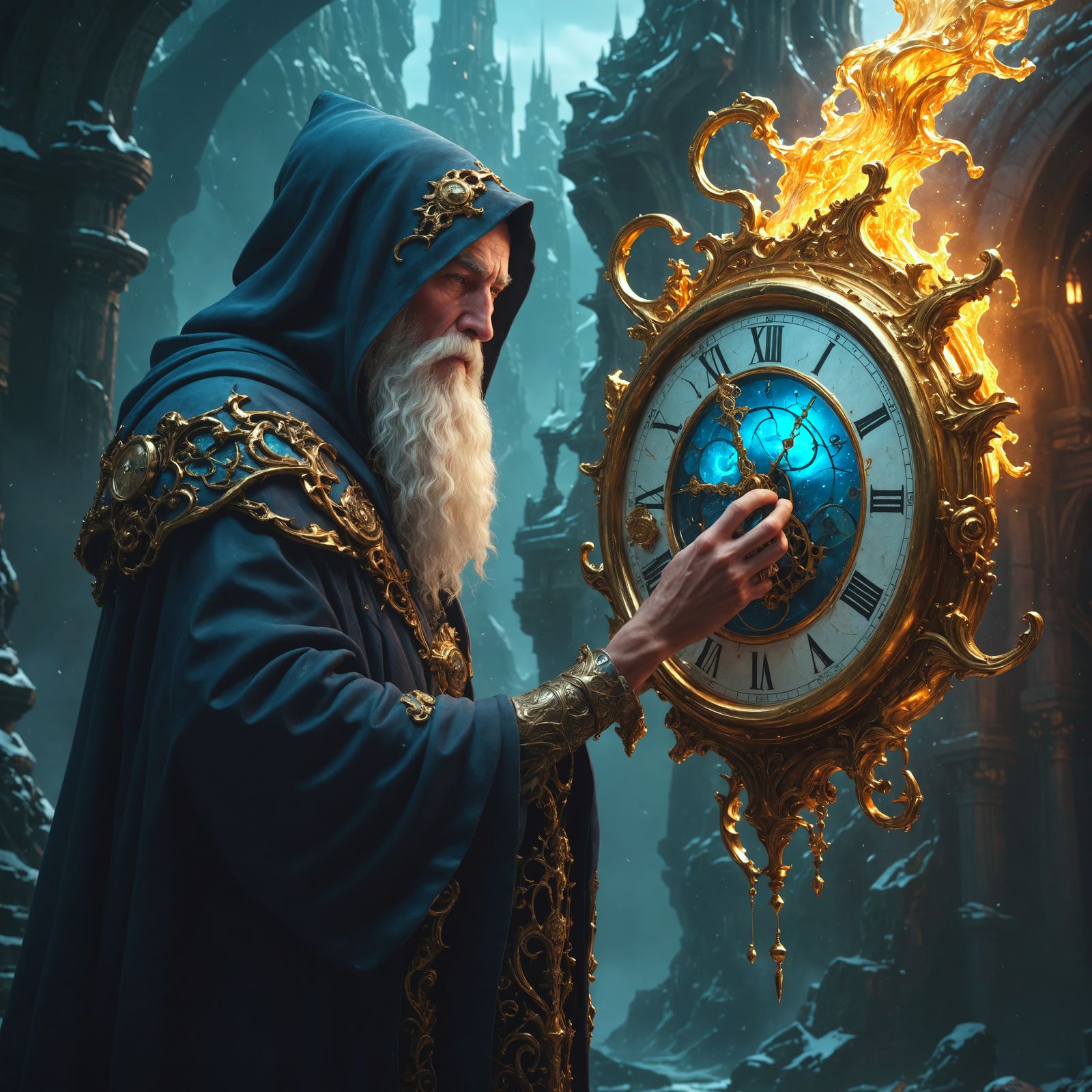 Ethereal Father Time Holds Fragile Timekeeper
