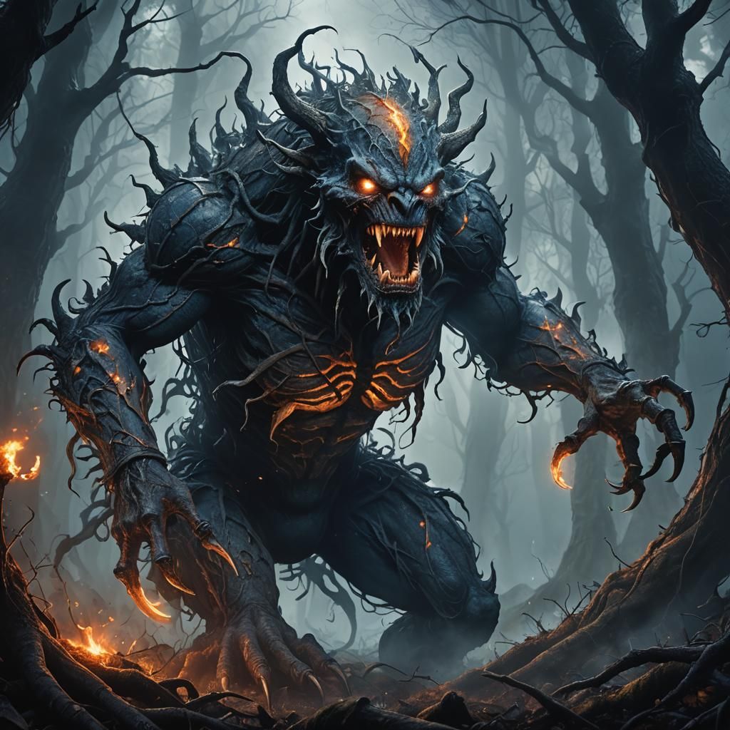 Grotesque Horror Monster Emerging from Misty Forest