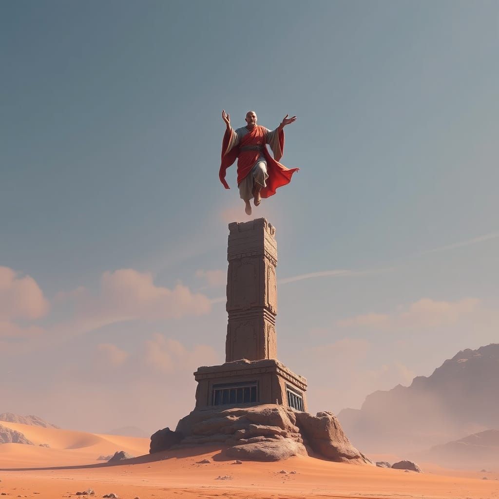 Mystical Desert Pillar with Ascending Monk in Intricate Deta...