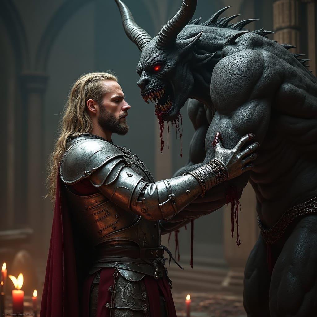 Warrior Lifted by Demon in Dark Temple