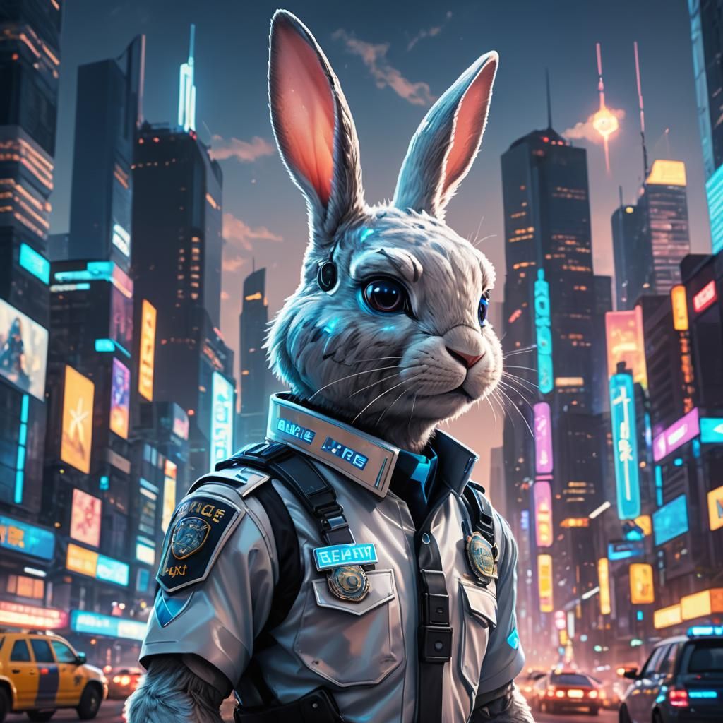 Sci-Fi Rabbit Police Officer in Neon City