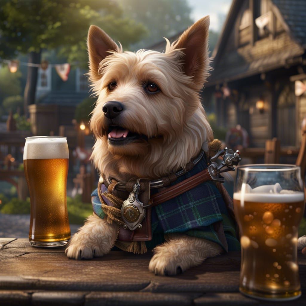 Dog in Kilt Enjoying Beer Garden, Detailed Digital Art