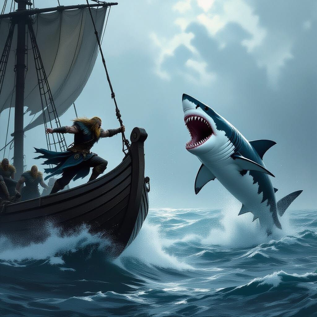 Viking Battles Shark Attack on Longship at Dawn