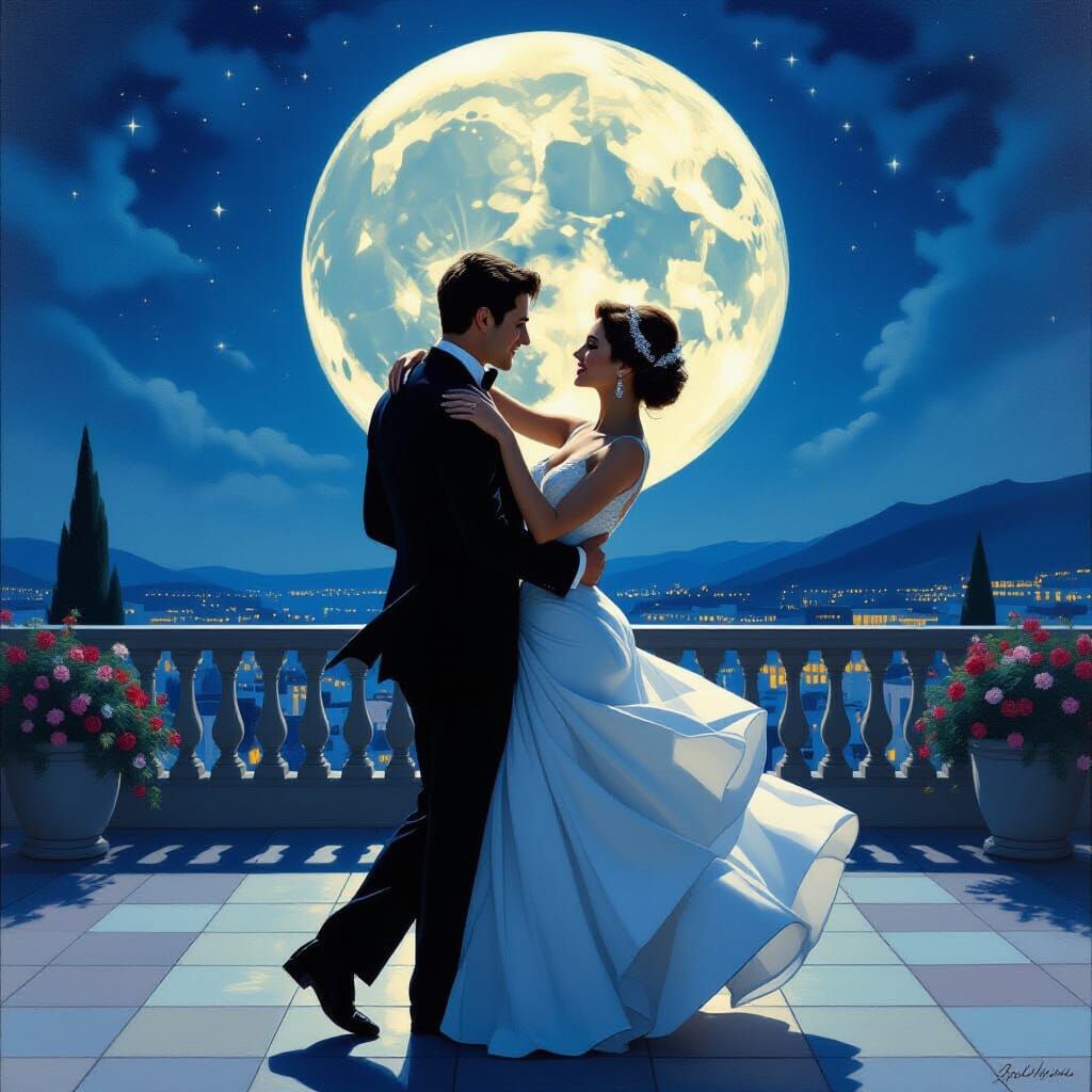 Couple Dancing Under Moonlight in Oil Painting Style