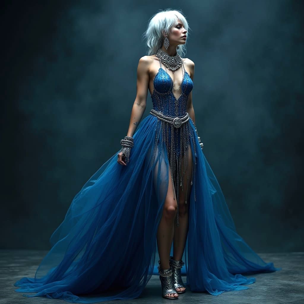 Indigo blue dress with silver accents and funky silver acces...