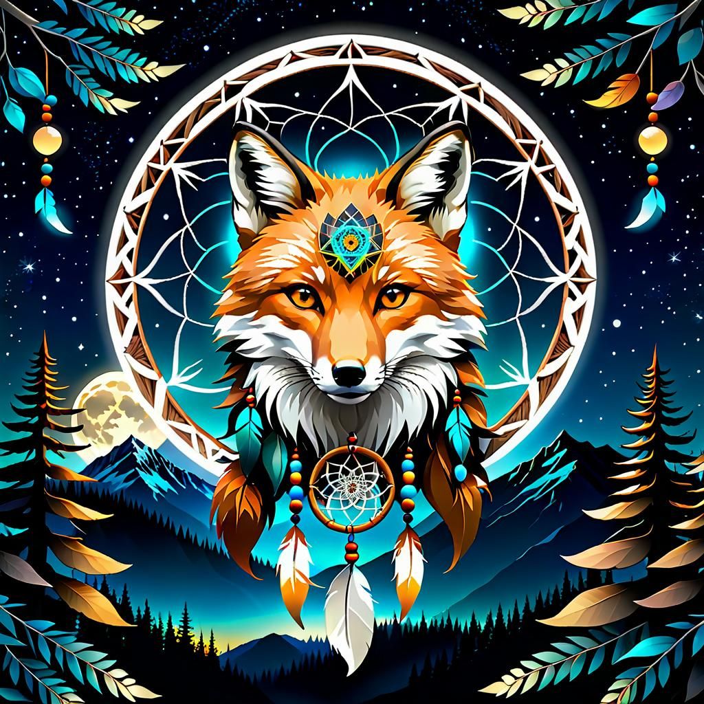 Fox Face at Dusk with Dreamcatcher Mandala