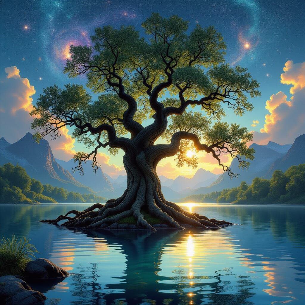 Ancient Tree by a Crystalline Lake