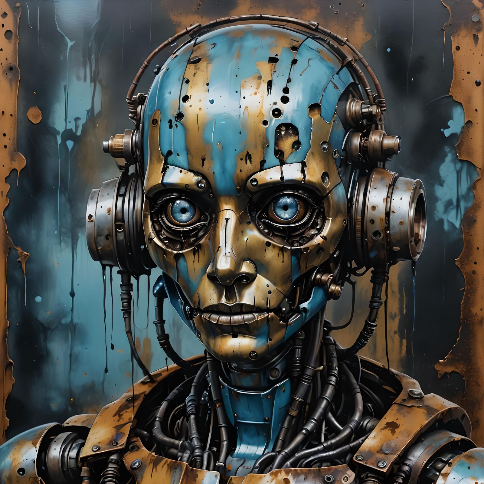 Sad Gothic Robot with Oily Tears: Gouache Portrait