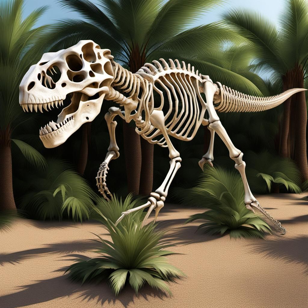 Dinosaur Skeleton Entwined with Palm Trees