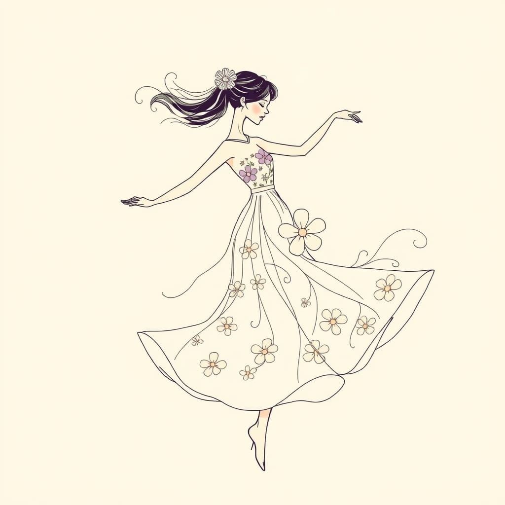 Elegant Woman Dancing in Flowing Flower Dress