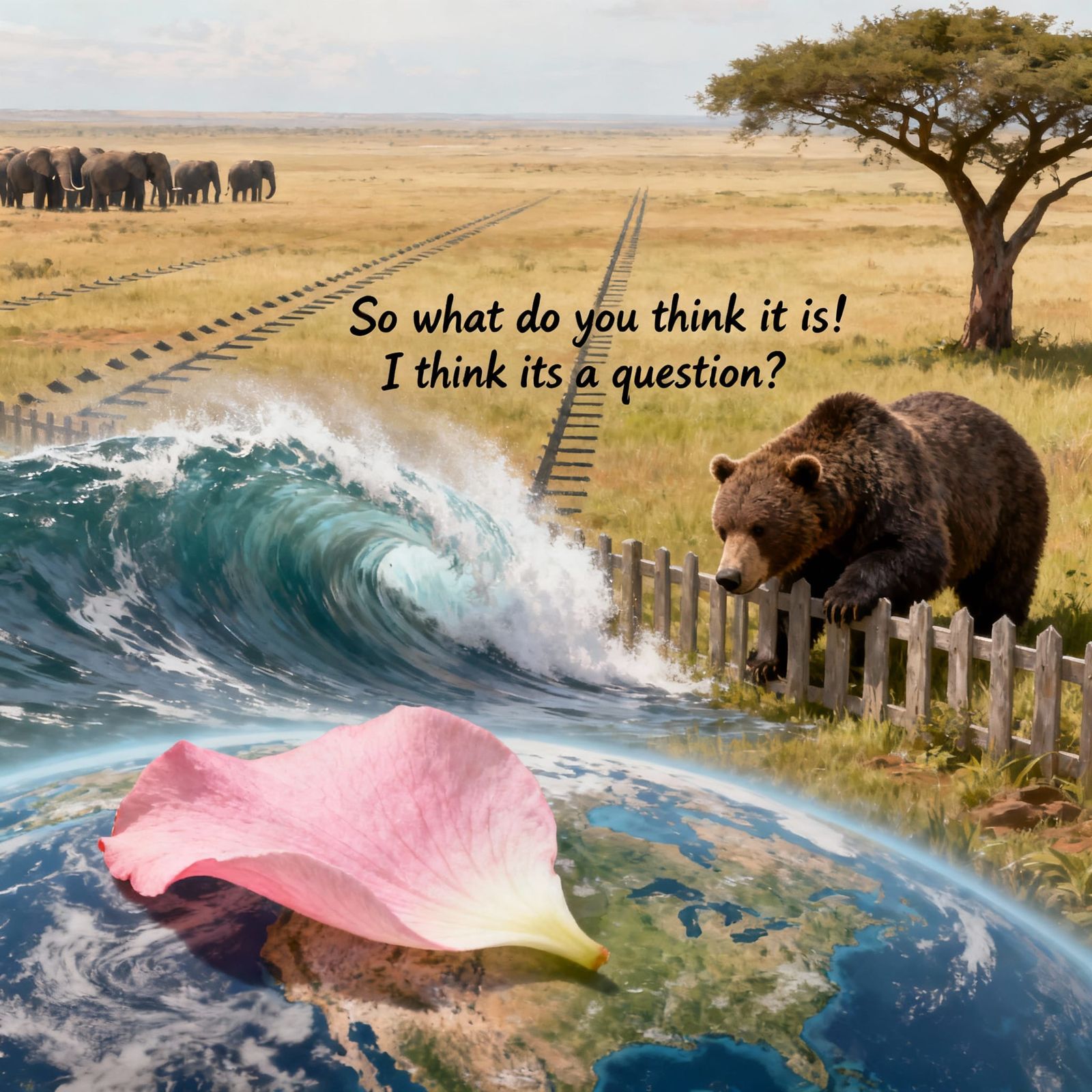 Savanna Landscape With Bear and Elephants