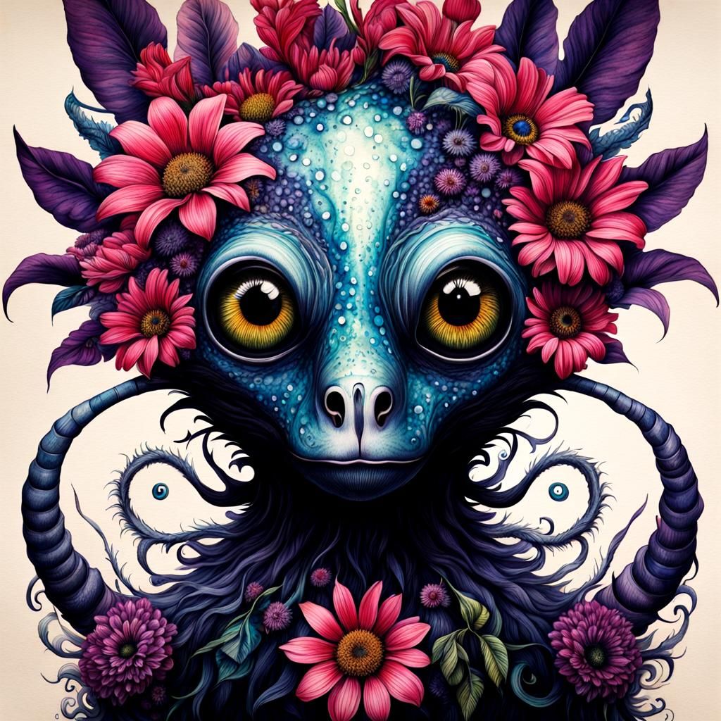 Surreal Flower Creature with Vivid Ink Details
