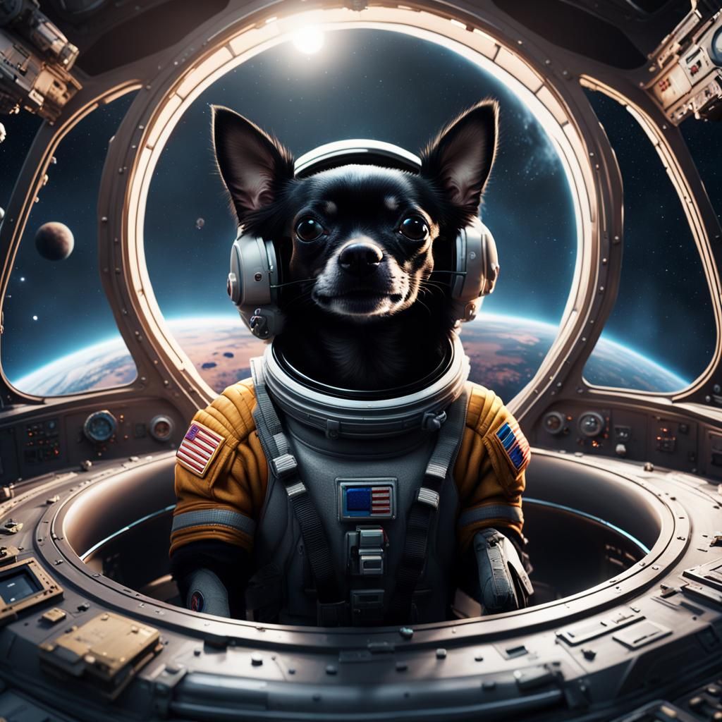 Chihuahua Astronaut in Spaceship, Detailed Matte Painting