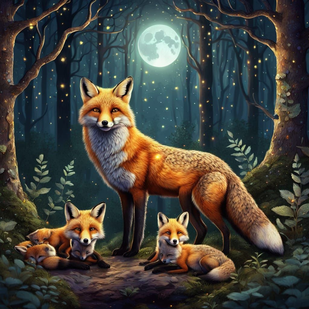 Fox and Cubs in Dreamy Forest Illustration