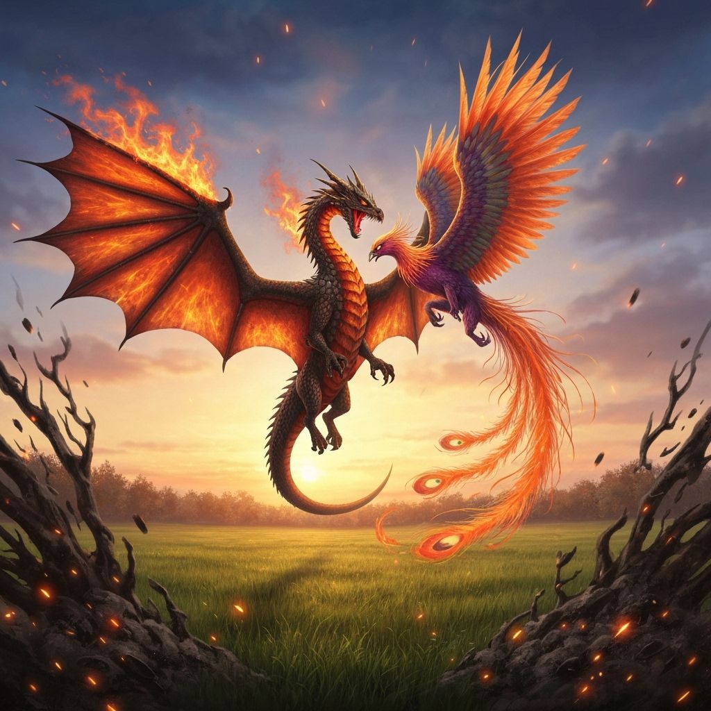Epic Battle: Fire Dragon and Phoenix at Dawn
