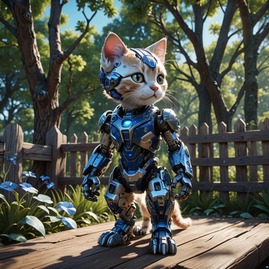 Cyborg Kitten Adventures in Futuristic Garden